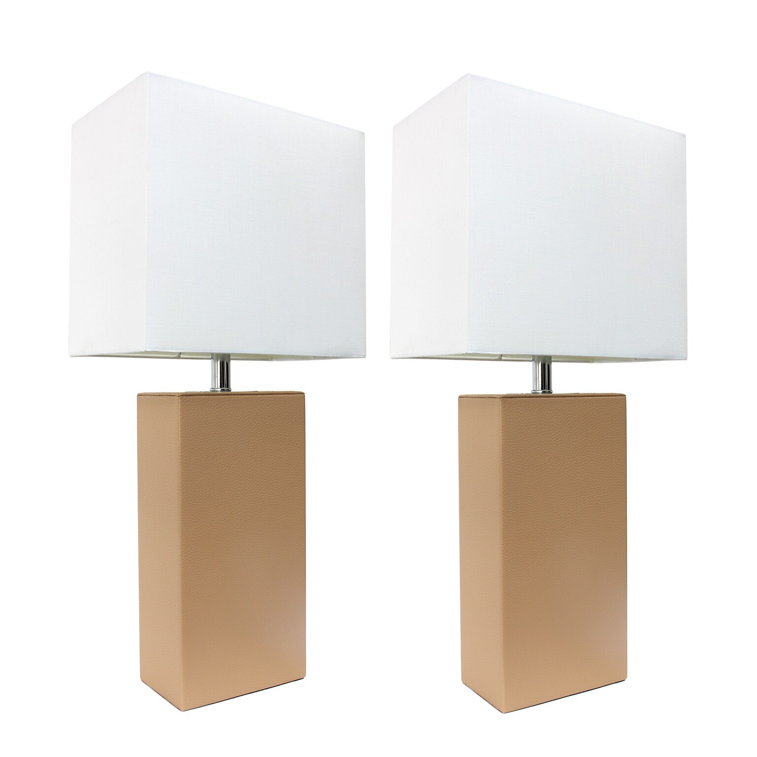 Lalia Home Lexington 21 2-Pack Leather Base Modern Bedside Table Lamp Set, White Fabric Shade, Beige (LHT-3008-BG-2PK)