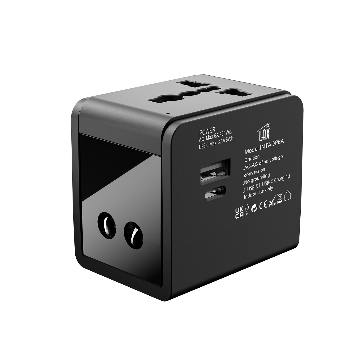 LAX International Travel Adapter with 1x USB-C 3.1A 5V and 1 USB-A, Black (INTADP6A)