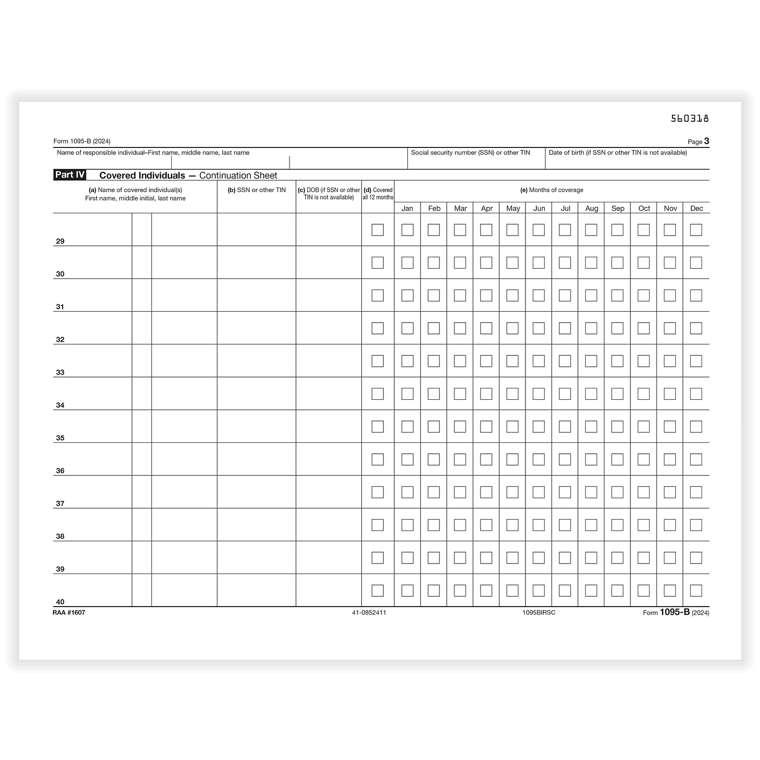 ComplyRight 2024 1095-B Tax Form, 1-Part, White/Black, 25/Pack (1095BIRSC25)