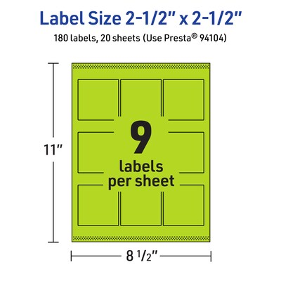 Avery Laser/Inkjet Multipurpose Square Labels, 2.5" x 2.5", Bright Green, 180/Pack (94104)