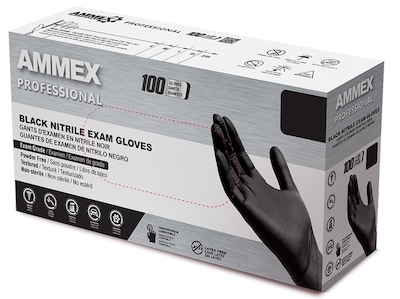 Ammex Professional Series Powder Free Nitrile Exam Gloves, Latex Free, Small, Black, 100/Box (ABNPF4