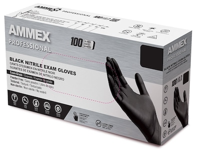 Ammex Professional Series Powder Free Nitrile Exam Gloves, Latex-Free, Small, Black, 100/Box, 10/Car