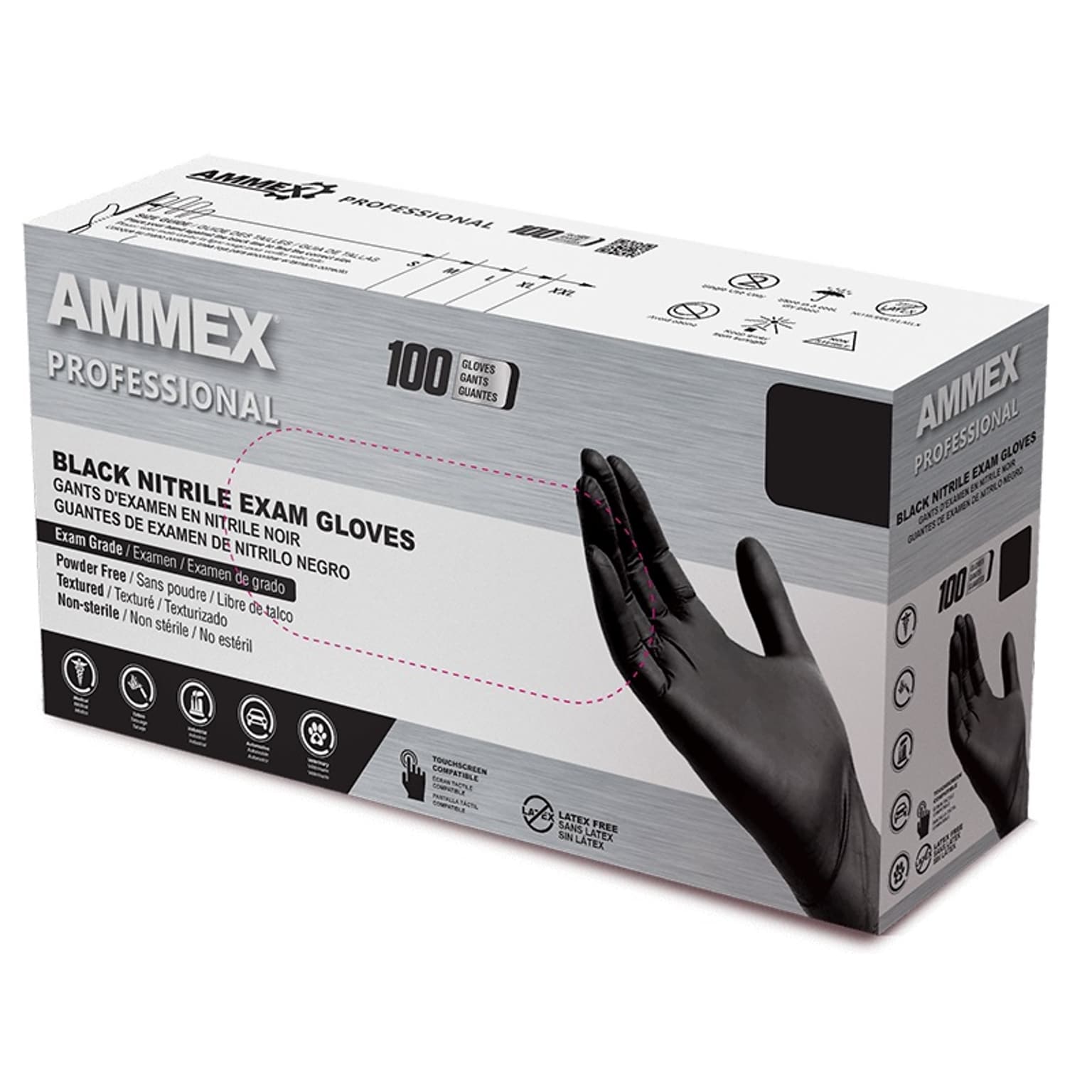 Ammex Professional Series Powder Free Nitrile Exam Gloves, Latex Free, XL, Black, 100/Box (ABNPF48100)