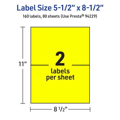 Avery Laser/Inkjet Rectangle Multipurpose Labels, 5.5" x 8.5", Neon Yellow, 160/Box (94229)