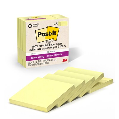 Post-it Recycled Super Sticky Notes, 3 x 3, Canary Collection, 70 Sheets/Pad, 5 Pads/Pack (654R-5S