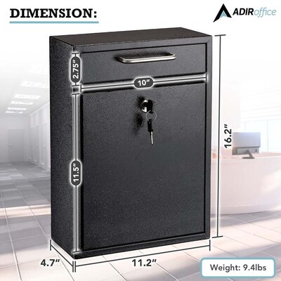 AdirOffice Steel Large Wall Mounted Drop Box Interoffice Mailbox, Key Lock, Black (631-04-BLK-PKG)