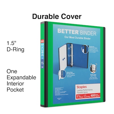 Staples® Better 1-1/2" 3 Ring View Binder with D-Rings, Green (19059)