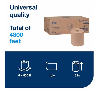 Tork Universal Hand Towel Roll, Notched, 8" x 800 ft, Natural, 6 Rolls/Carton (TRK8031300)