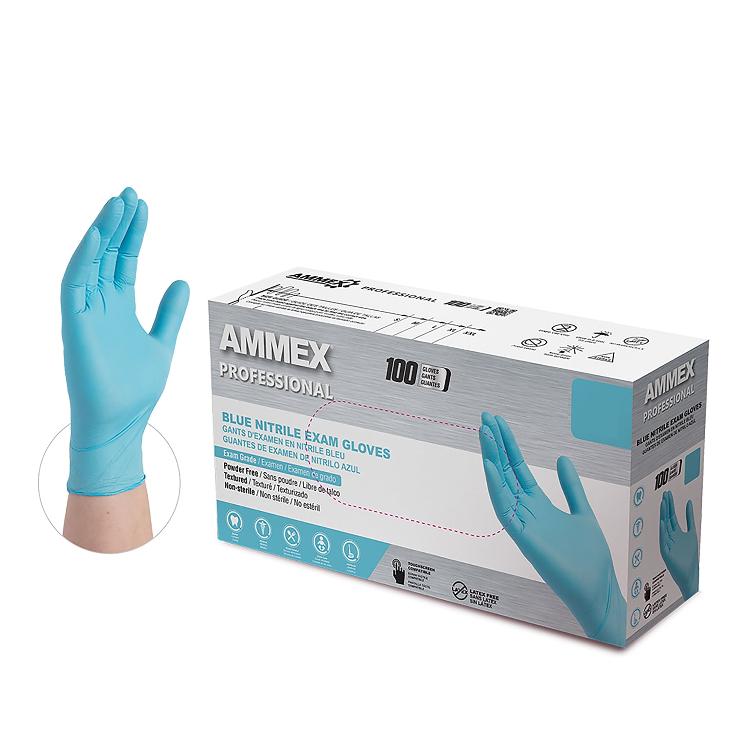 Ammex Professional Series Powder Free Nitrile Exam Gloves, Latex Free, Large, Blue, 100/Box (APFN46100)