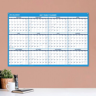 2027 AT-A-GLANCE 36" x 24" Yearly Dry Erase Wall Calendar, Reversible, White/Blue (PM200-28-27)