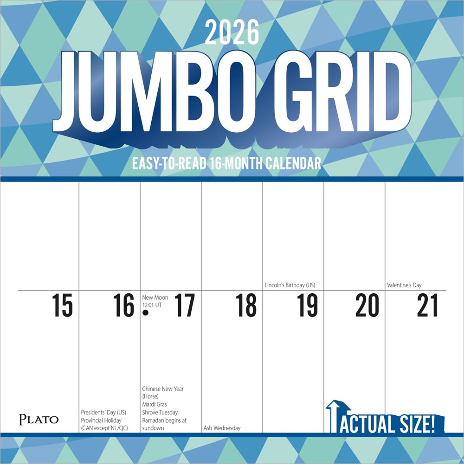 2026 Plato Jumbo Grid Large Print 12 x 12 Monthly Wall Calendar (9798330706631)