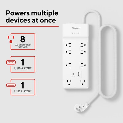 Staples TECH 8-Outlet 2-USB Port Surge Protector, 6, 2100 Joules, White (ST62775)