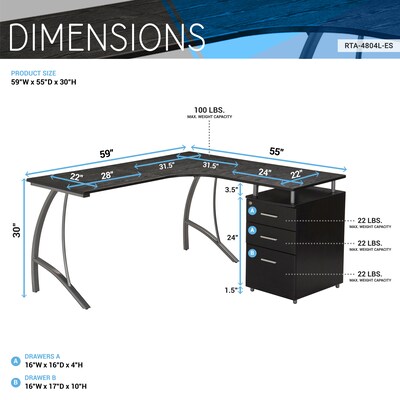Techni Mobili Modern L-Shaped Computer Desk with File Cabinet, Espresso (RTA-4804L-ES)