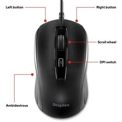 Staples TECH Ambidextrous Optical USB Mouse, Black (ST62598)