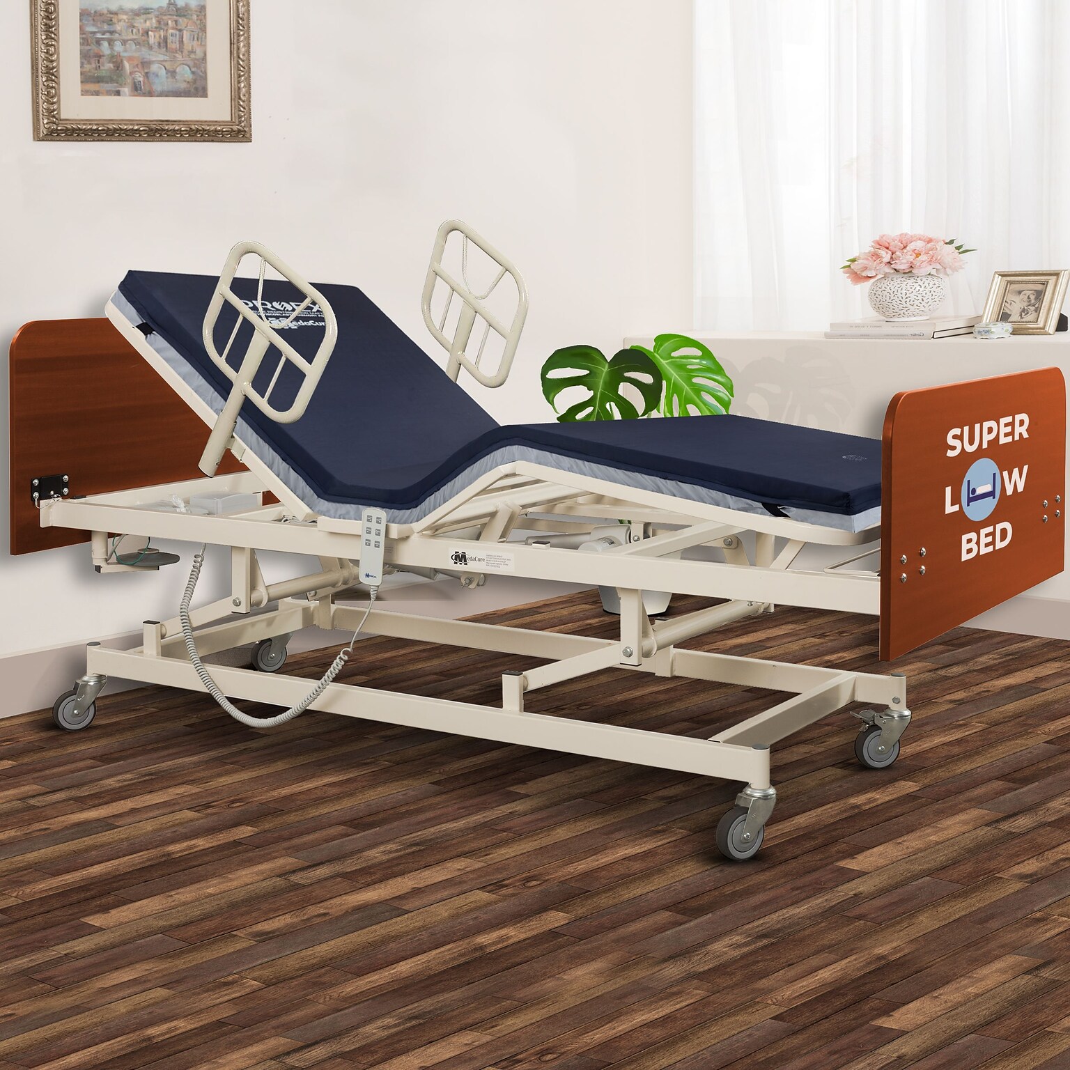 Medacure Super Low Fully Electrical Adjustable Bariatric Hospital Bed, 8 Function Hi/Lo Hand Pendant, Cherry (MC-SLB42CH)