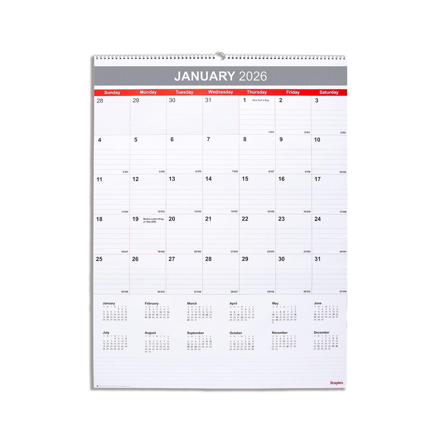 2026 Staples 22.19 x 29 Monthly Wall Calendar, White/Red/Gray (ST63005-26)