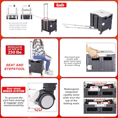 Dbest Quik Cart Swing Lid Four Swivel Wheeled Rolling Crate Teacher Utility with Seat, Black/Grey (01-910)