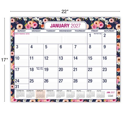 2026-2027 Excello Brands Large Print  22" x 17" Academic Monthly Desk Pad Calendar, Navy Floral (DP-AY26-2217-84)