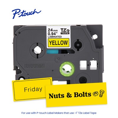 Brother P-touch Laminated Label Tape, ~1" x 26.2', Black on Yellow (TZe651)