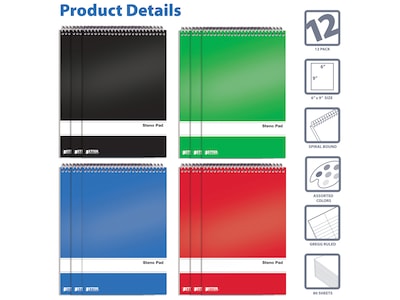 Better Office Steno Pads, 6" x 9", Gregg-Ruled, Assorted Colors, 80 Sheets/Pad, 12 Pads/Pack (25812-12PK)