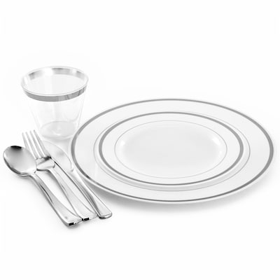 Round Elama Plastic Dinnerware Set, White/Silver, 150 Piece (935124339M)
