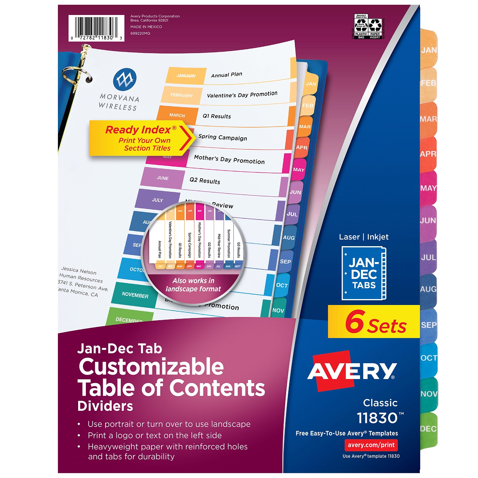 Avery Ready Index Table of Contents Pre-Printed Monthly Paper Divider, Jan-Dec, Multicolor, 6 Sets (11830)