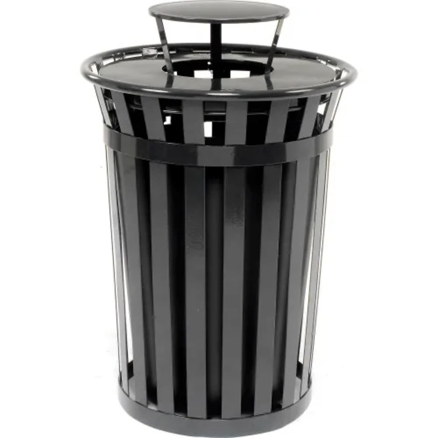 Global Industrial Outdoor Slatted Steel Trash Can w/ Rain Bonnet Lid, 36 Gallon, Black (260804BK)