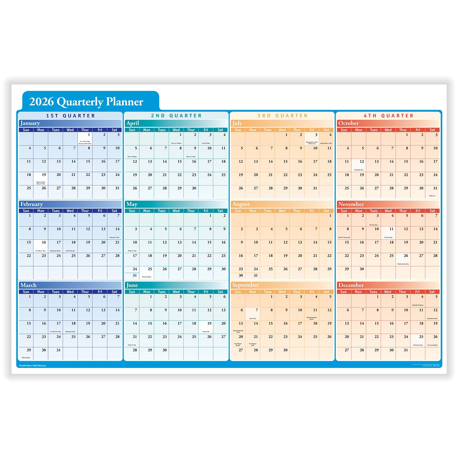 2026 ComplyRight Quarterly Planner 36 x 24 Yearly Dry Erase Wall Calendar, Red/Blue/Orange (J0061)