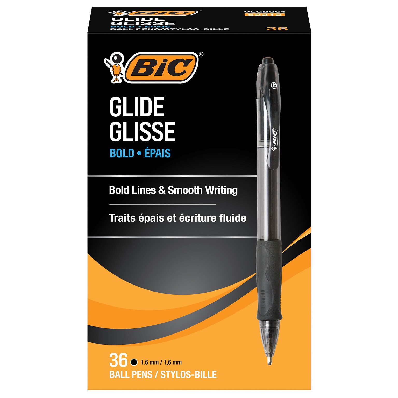BIC Glide Bold Retractable Ballpoint Pens, Bold Point, 1.6mm, Black Ink, 36/Pack (VLGB361-BLK)