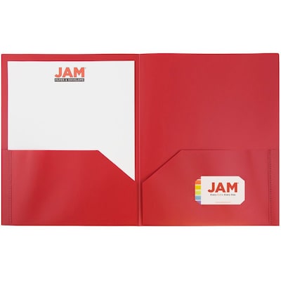 JAM Paper POP 2-Pocket Plastic Folders with Fasteners, Red, 6/Pack (382ECredd)