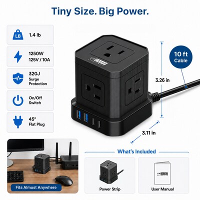 Uncaged Ergonomics Cube 5-Outlet 4-USB Port Surge Protector, 10', Black (PC-B-C)
