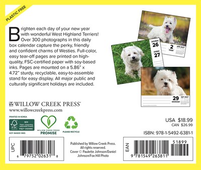 2027 Willow Creek Westies 5.4 x 6.2 Day-to-Day Calendar (63811)