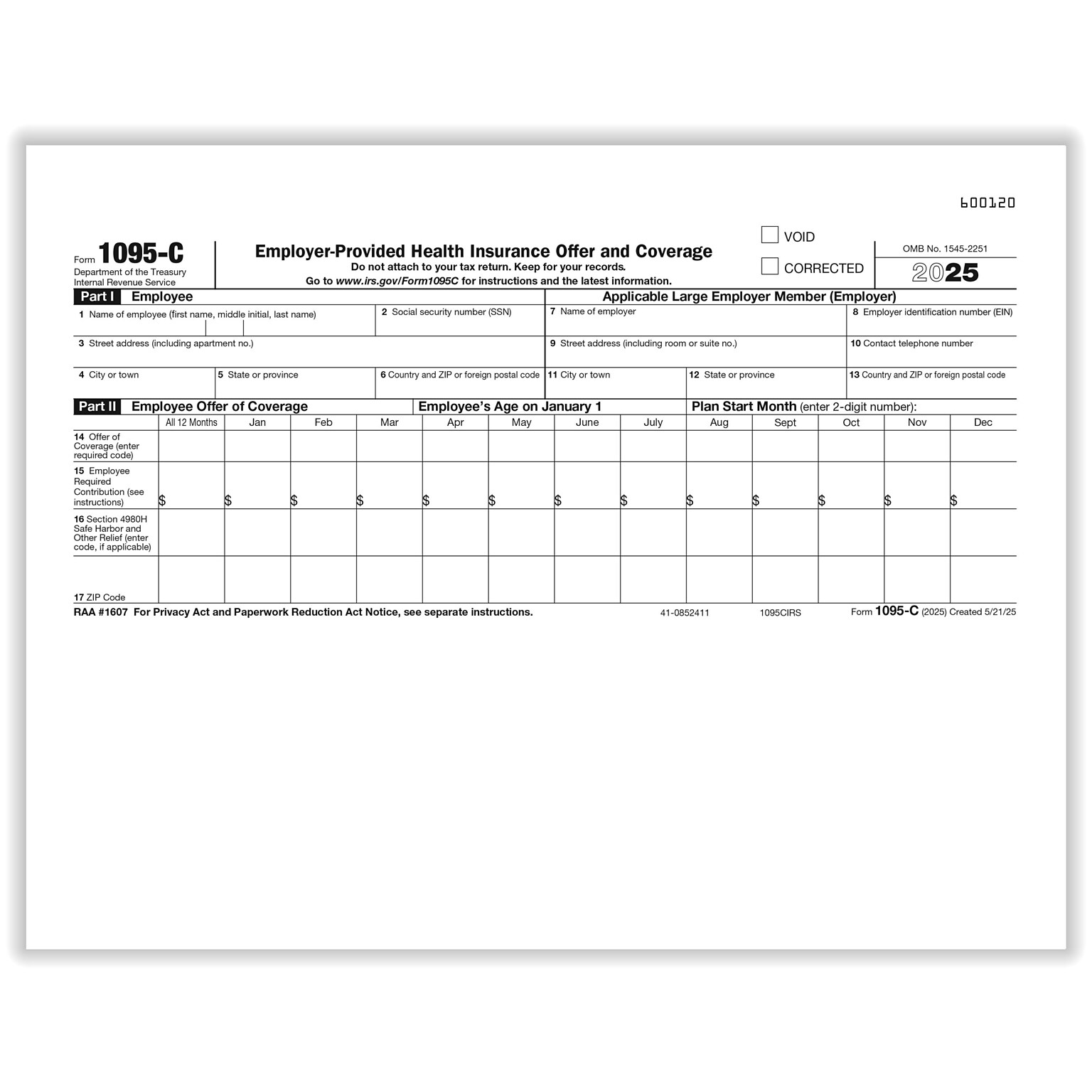 ComplyRight 2025 1095-C Tax Form, 1-Part, White/Black, 25/Pack (1095CIRS25)