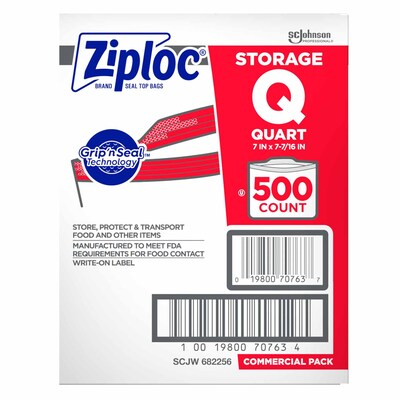 Ziploc Double Zipper Storage Bags, Quart, 500 Bags/Carton (682256)