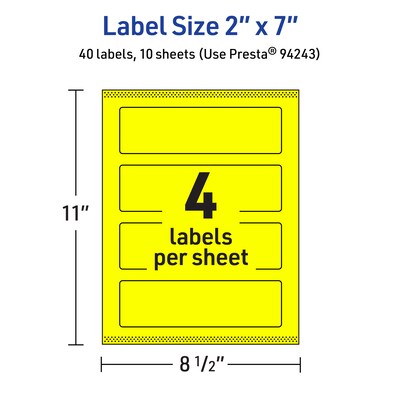 Avery Laser/Inkjet Rectangle Multipurpose Labels, 2" x 7", Neon Yellow, 40/Pack (94243)