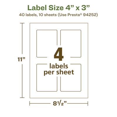 Avery EcoFriendly Laser/Inkjet Rectangle Multipurpose Labels, 4" x 3", White, 40/Pack (94252)
