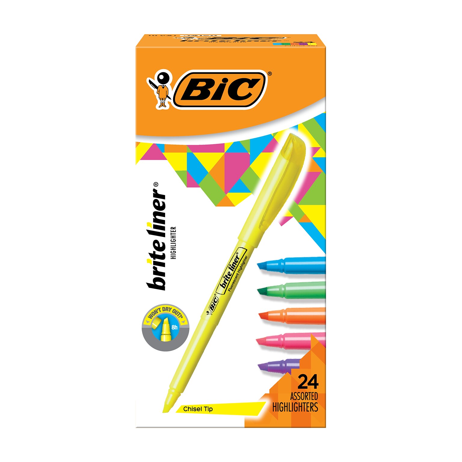 BIC Brite Liner Stick Highlighter, Chisel Tip, Assorted Colors, 24/Pack (BL241AST)