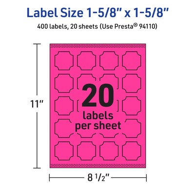 Avery Square Scalloped Laser/Inkjet Multipurpose Labels, 1-5/8" x 1-5/8", Neon Magenta (400/Pack)
