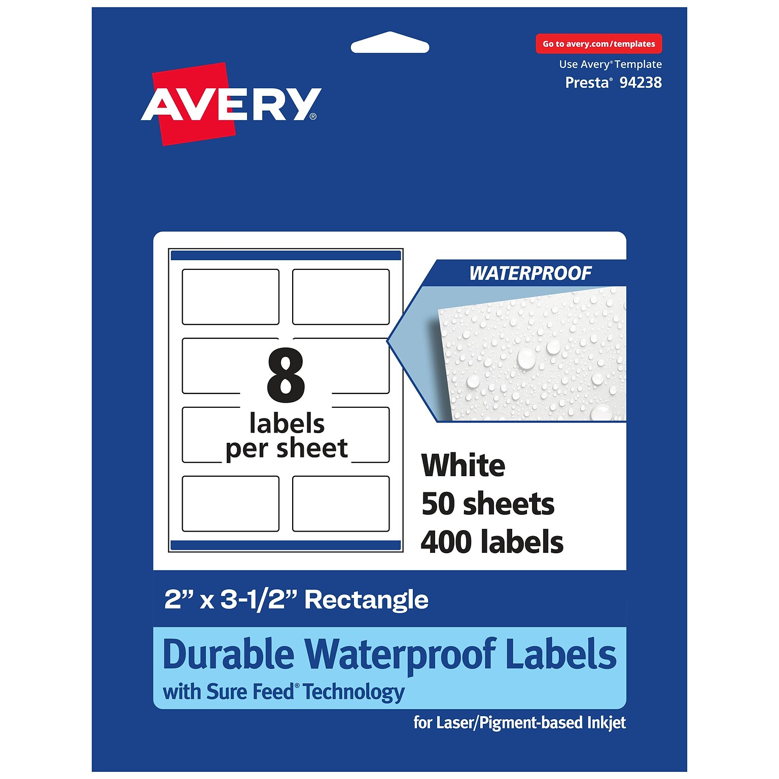 Avery Laser/Inkjet Rectangle Durable Waterproof Labels, 2 x 3.5, White, 400 Labels/Box (94238)