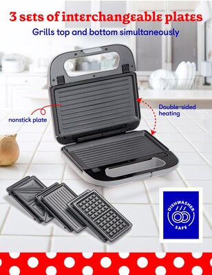 Betty Crocker 3-in-1 Sandwich, Panini Grill and Waffle Maker Plus, Silver (BC-4965S)