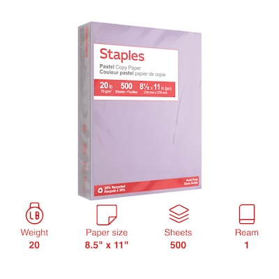 Staples Pastel Copy Paper 8.5 x 11 Inch Lilac Color Sheets for Printing and Documents