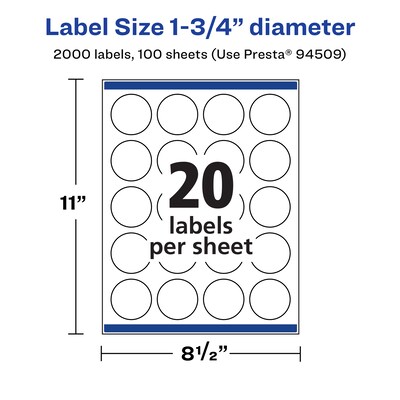 Avery Laser/Inkjet Round Multipurpose Labels, White, 20 Labels/Sheet, 100 Sheets/Pack (94509-WMP100)