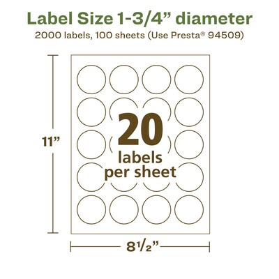Avery EcoFriendly Laser/Inkjet Circle Multipurpose Labels, 1-3/4" Dia., White, 2000/Box (94509)