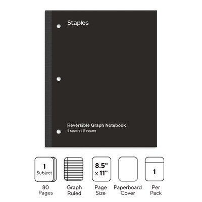 Staples Wireless 1-Subject Notebook, 8.5 x 11, Graph Ruled, 80 Sheets, Black (TR58381)