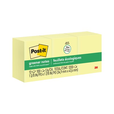 Post-it Recycled Notes, 1 3/8 x 1 7/8, Canary Collection, 100 Sheet/Pad, 12 Pads/Pack (653RPYW)
