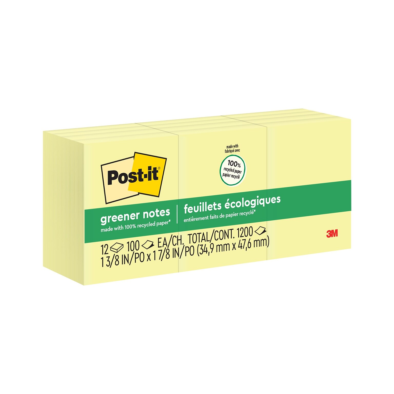 Post-it Recycled Notes, 1 3/8 x 1 7/8, Canary Collection, 100 Sheet/Pad, 12 Pads/Pack (653RPYW)