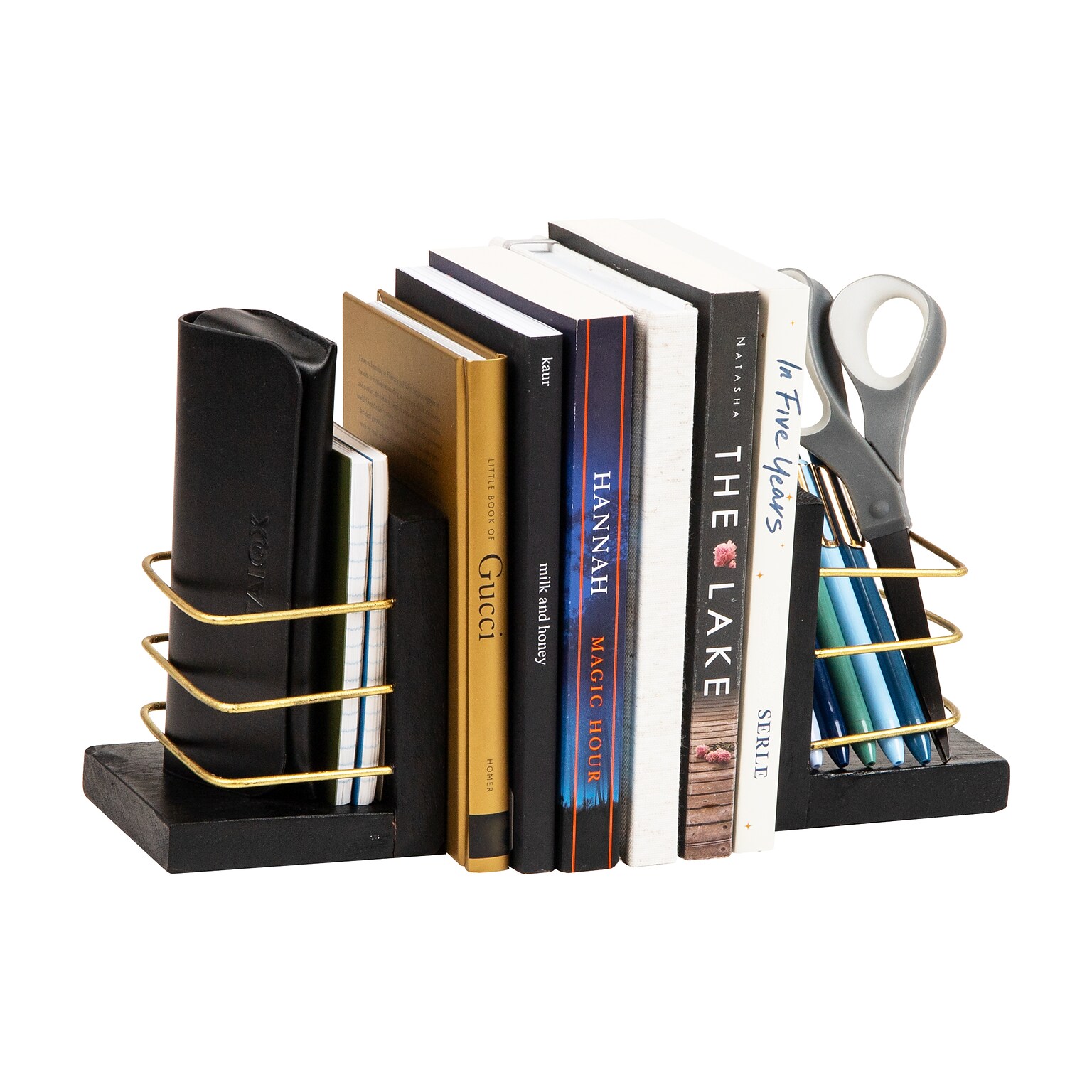 Mind Reader Wood Decorative Basket Book Ends, 5, Black/Gold (BOOKBASK2-BLK)