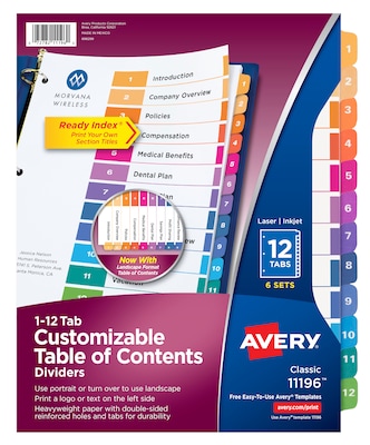Avery Ready Index Numeric Paper Dividers, 12-Tab, Multicolor, 6/Pack (11196)