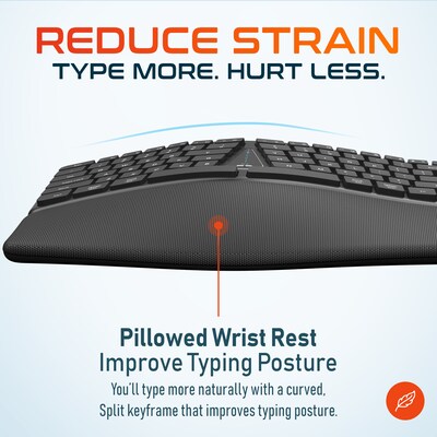 Delton KB250 Ergonomic Wireless Curved Keyboard with Cushioned Wrist Rest, Black (DKBE250-WR)