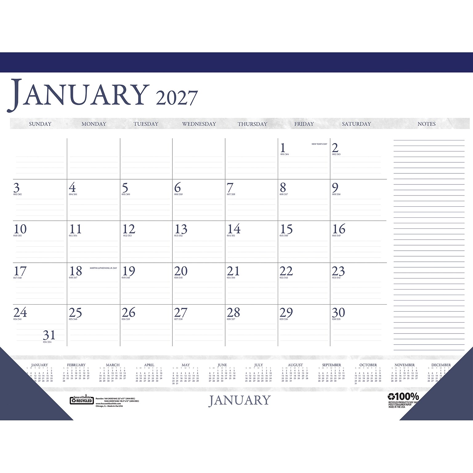 2027 House of Doolittle 22 x 17 Monthly Desk Pad Calendar, Blue/White (164-27)